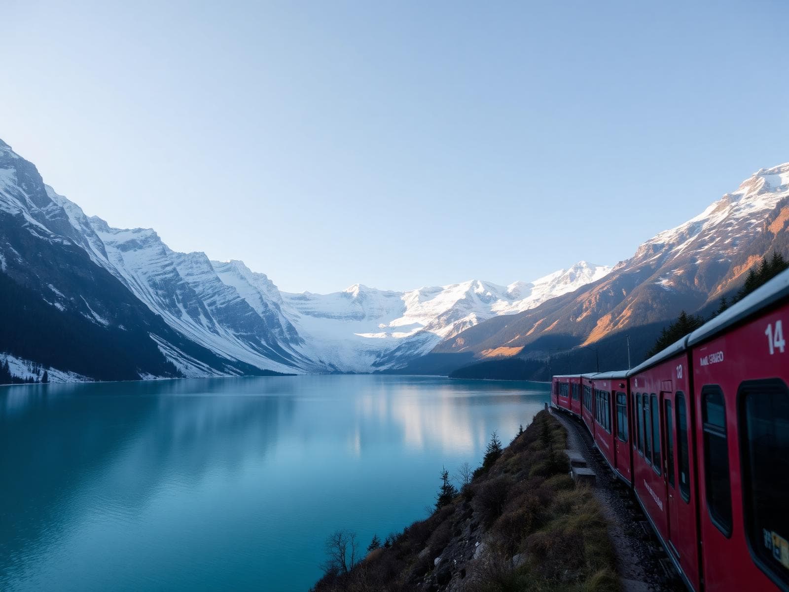 Schweizer Alpen mit einem Zug am See
