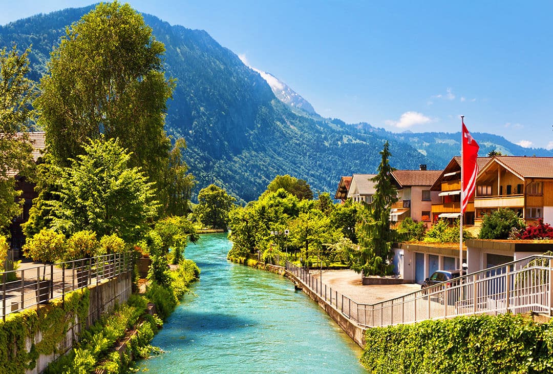 View of Interlaken village between Lake Thun and Lake Brienz